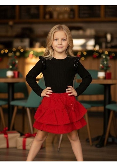 Zekids Kız Çocuk Pullu Body Kırmızı Katkat Etekli Takım-16439 Çok Renkli