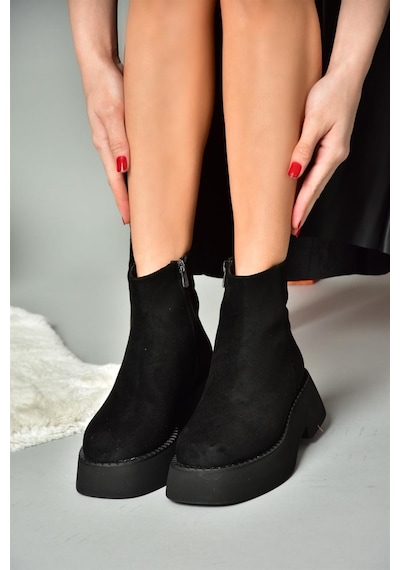 Fox Shoes R820190202 Siyah Süet Kalın Tabanlı Kadın Bot Siyah
