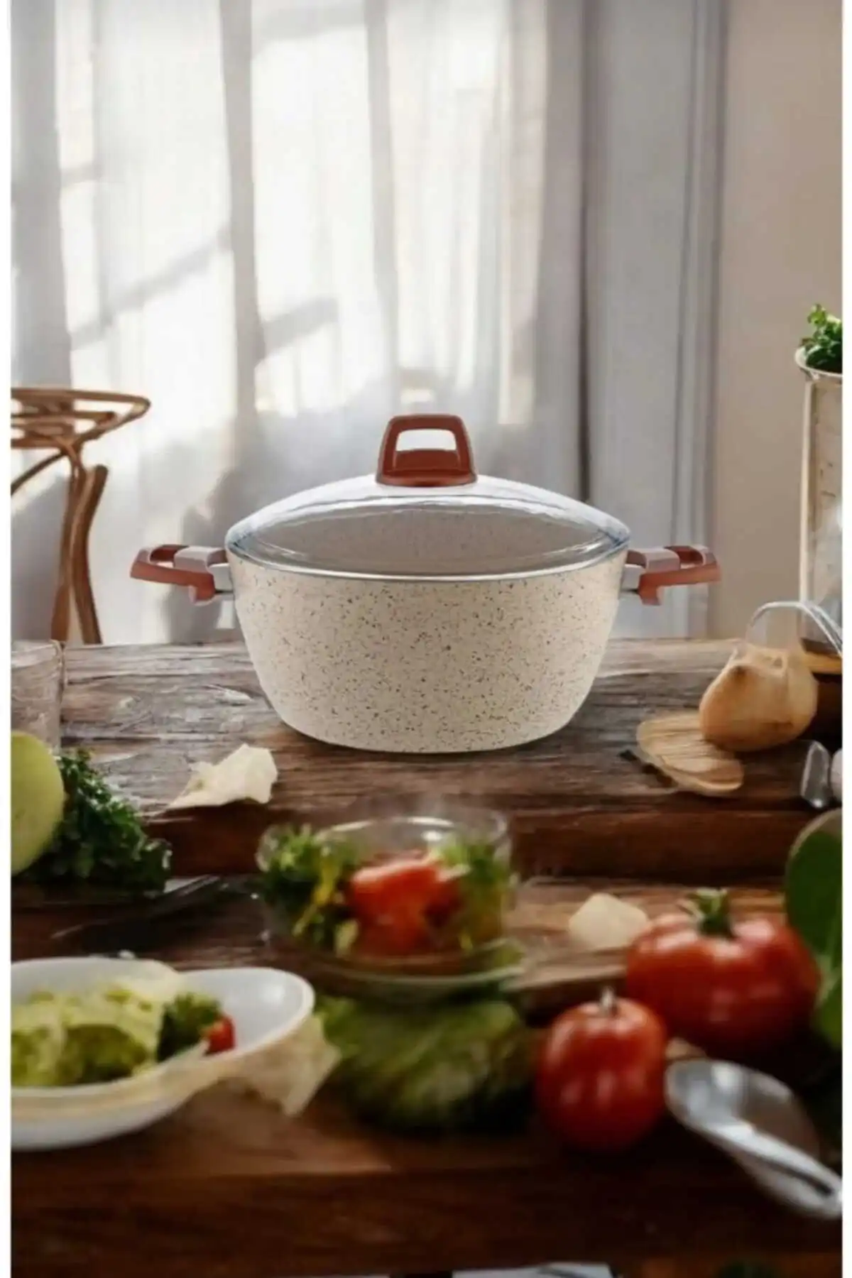 Yüksek Kalite Granit Kaplama Derin Tencere 30 Cm, Estetik Tasarım Krem