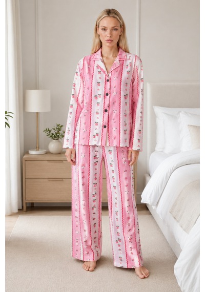 Kadın Desenli Relaxed Pembe Pijama Takımı 4658