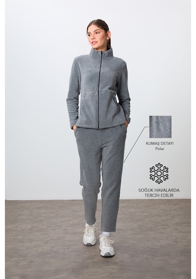 Tommy Life Gri Melanj Kalın Yumuşak Dokulu Dik Yaka Oversize Nakışlı Polar Kadın Eşofman Takım -95339 GRİ MELANJ