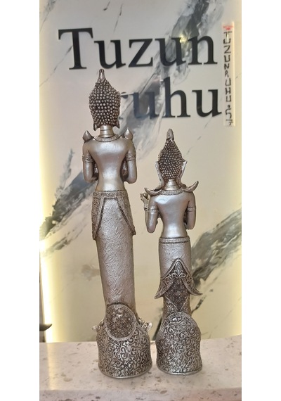 İkili Buda Heykeli Biblo Dekoratif Obje
