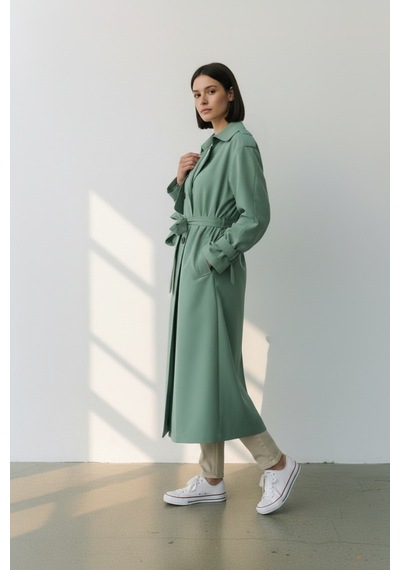 Durivya Kruvaze Yaka Oversize Trençkot Mint Yeşili