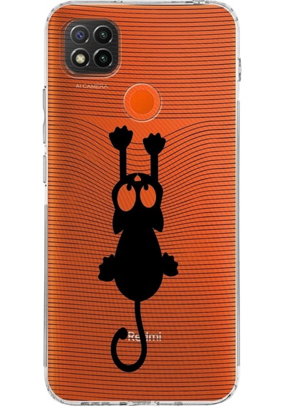 Xiaomi Redmi 9c Kamera Korumalı Kapak Çizgi Kedi Tasarımlı Şeffaf Kılıf Şeffaf