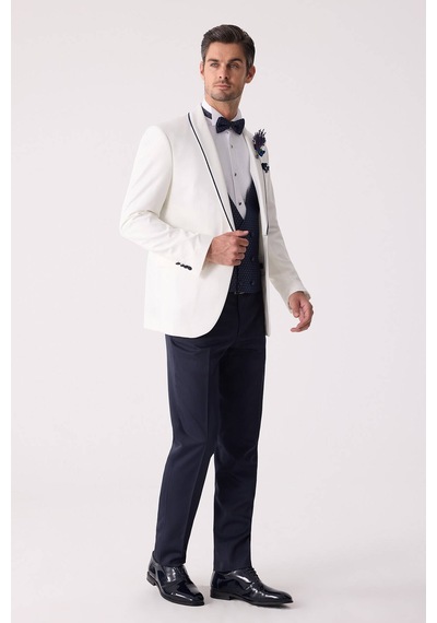 Ysf Erkek Krem Slim Fit Mono Yaka Yelekli Damatlık