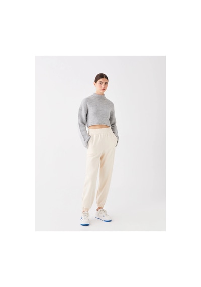LC Waikiki Lcw Vision Bej Beli Lastikli Nakışlı Kadın Kalın Jogger Eşofman Alt BEIGE