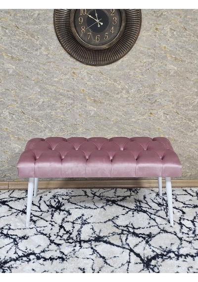 Zafir Beyaz Boyalı Sivriltme Ayaklı 90 Cm Puf Bench - Puf - Bench - Kasalı Oturak - Oturak - Yatak Ucu Puf Pembe