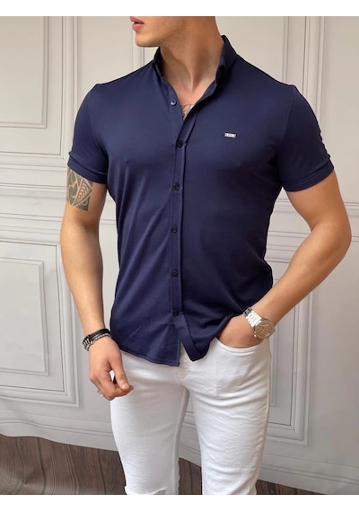 Modefendi Slimfit Merserize Pamuk Kısa Kollu Gömlek Lacivert