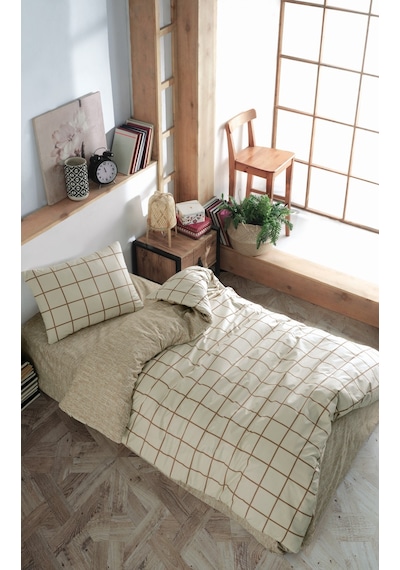 Cozy Home Tek Kişilik Lastikli Çarşaflı Nevresim Takımı Kare Krem