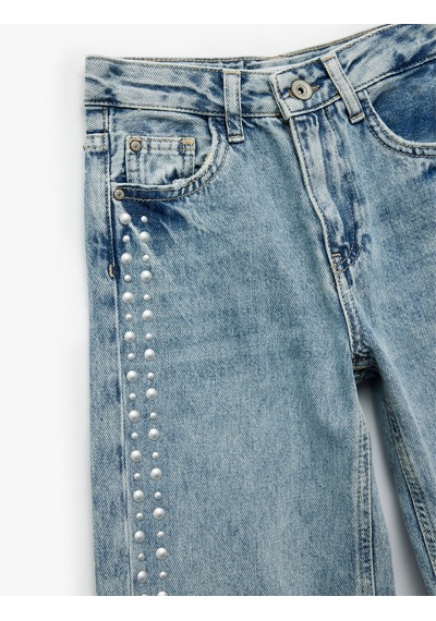 Koton Pamuklu Rahat Kesim Zımba Detaylı Geniş Paça Denim Pantolon Lıght Indıgo 6wkg40067ad Açık Mavi