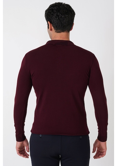 Slim Fit Esnek Pamuklu Fermuarlı Polo Yaka Bordo Triko Tr 902