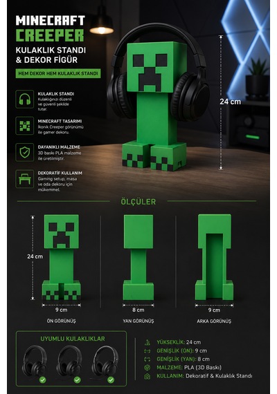 Minecraft Creeper Kulaklık Standı Ve Dekor Figürü 3d Baskı Gaming Masaüstü Aksesuarı
