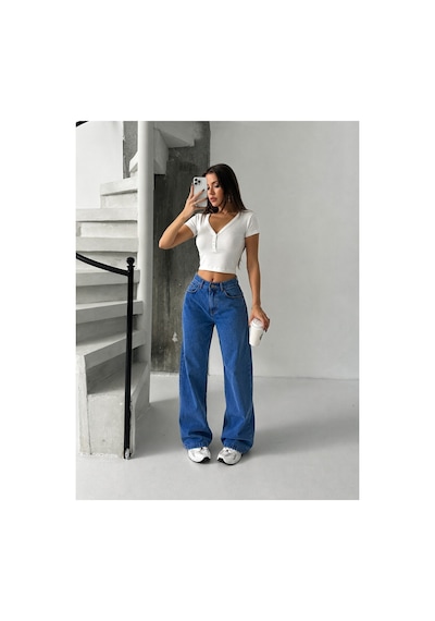 Bluemarlin Mavi Yüksek Bel Likralı Boyfriend Bol Paça Kot Pantolon Mavi