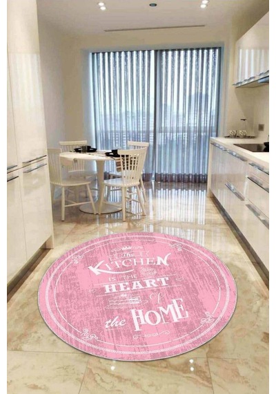 Pembe Kaymaz Kitchen Yazılı Yuvarlak Mutfak Halısı Ar538n11