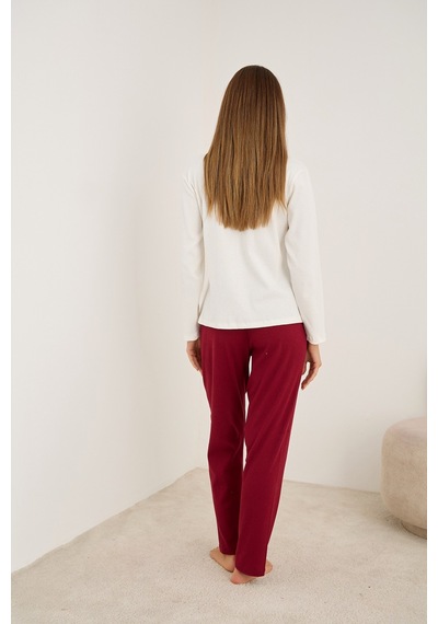 Siyah İnci Pamuklu Fitilli Kaşkorse Örme Pijama Takım25226013 Bordo