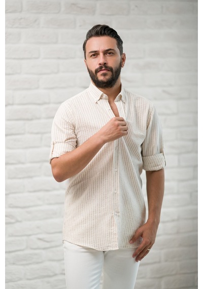 Slimfit Fit Yaka Düğmeli Çizgili Yazlık Gofre Kumaş Erkek Gömlek Kahverengi