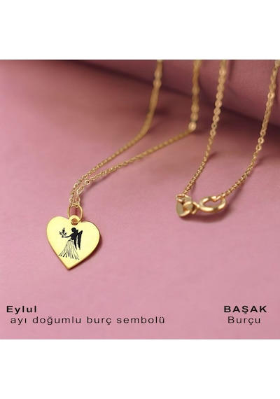 Başak Burçlarına 14 Ayar Altın Plakalı Kalp Motifli Zincirli Hediyelik Kolye-352burç Başak