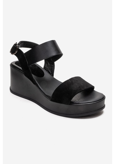 Luvishoes Lolanthe Siyah Cilt Siyah Süet Hakiki Deri Kadın Dolgu Topuklu Sandalet