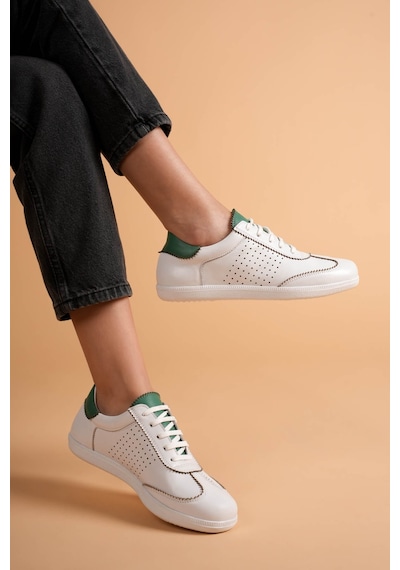 Analin Shoes Kadın Hakiki Deri Bağcıklı Süet Detaylı Spor Ayakkabı Beyaz - Yeşil