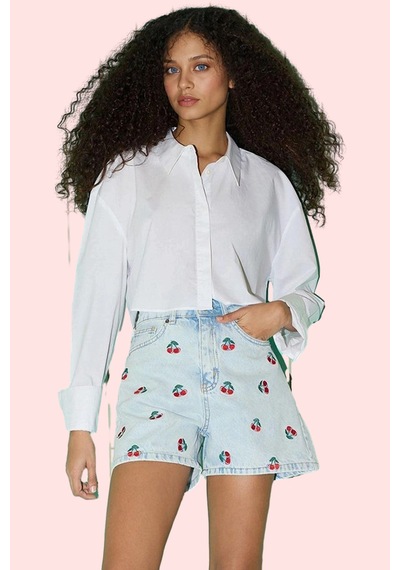 Ersefa Kadın Pamuklu Baskılı Kiraz Desenli Denim City Short Şort Rahat G mavi