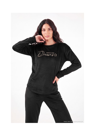 Lela Bisiklet Yaka Yumuşak Dokulu Parlak Kadife Pijama Takımı Kadın Pijama Takımı 6094209 Siyah