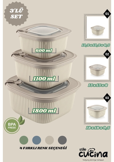 3lü Mikrodalga Ve Difriz Kullanımına Uygun Vakumlu Sızdırmaz Saklama Kabı Seti 600-1100-1800 Ml Bej