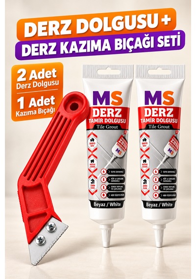 2 Adet Beyaz Hazır Derz Arası Tamir Dolgusu 380 Gr + Kazıyıcı Fayans Seramik Yenileyici Yenileme