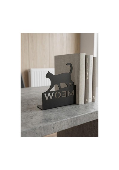 Kedi Figürlü Ve Meow Yazılı Metal Kitap Tutacağı - Siyah Dekoratif Kitap Desteği