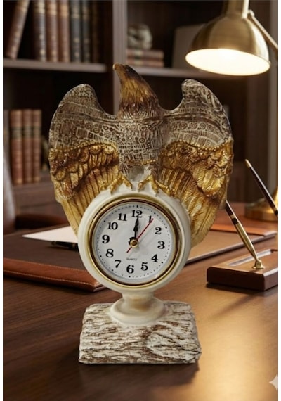 Dekoratif Ofis Çalışma Alanınıza Şıklık Katan Güçlü İhtişamlı Kartal Masa Saati Biblo Hediye 21x13cm