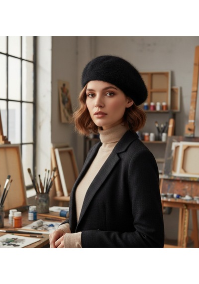 Derikem Fransız Tüylü Peluş Ressam Bere Kadın Şapka Siyah