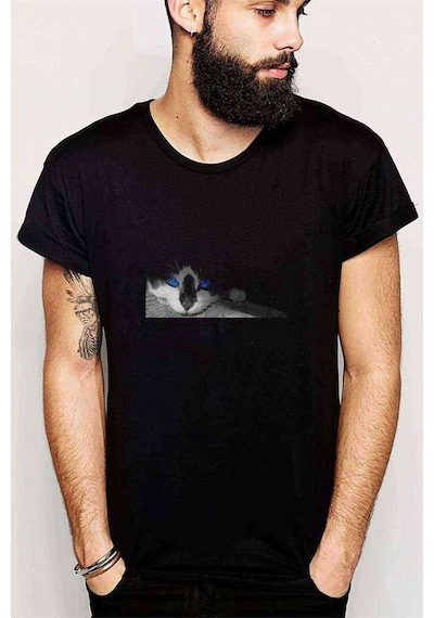 Blue Eyed Cats Baskılı Siyah Erkek Tshirt