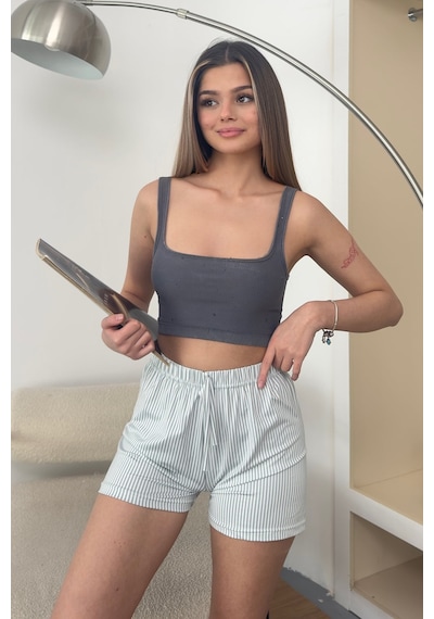Giysa Kadın Beli Lastikli Çizgili Pijama Altı Şort Yeşil - 26y 2602