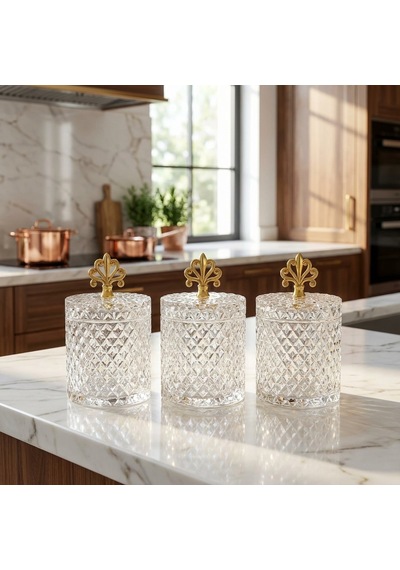 3'lü İnci Desen Gold Metal Kulplu Büyük Boy Cam Kavanoz Takımı 3 X 1500 Ml. Şeffaf - Altın