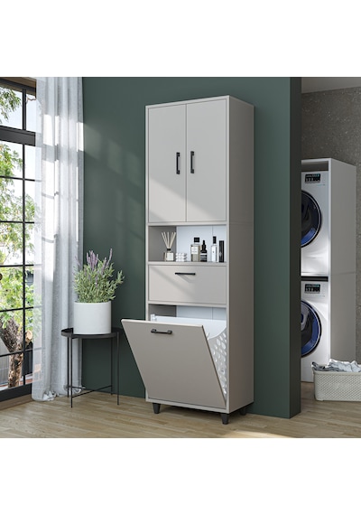 Çamaşır Sepetli Banyo Dolabı, Çok Amaçlı Çekmeceli Dolap 60 X 200 Cm Kumtaşı