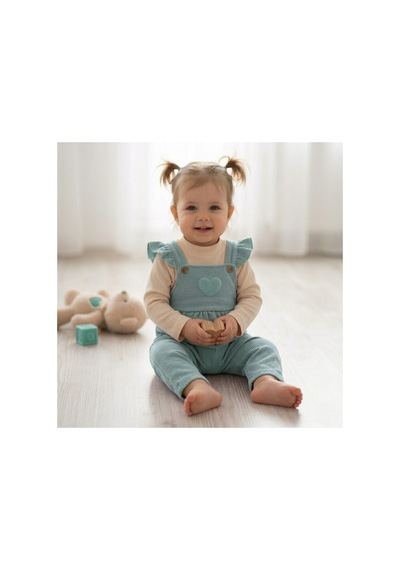 Veramoni Kız Bebek Takım Waffle Kumaş Bebek Tulum Takımı Fırfırlı Askılı Tulum Ve Kalpli Body Yeşil