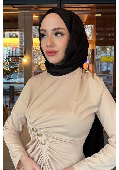 Neşeli Butik Kadın Likralı Düğme Detaylı Tesettür Elbise Nms046 Bej
