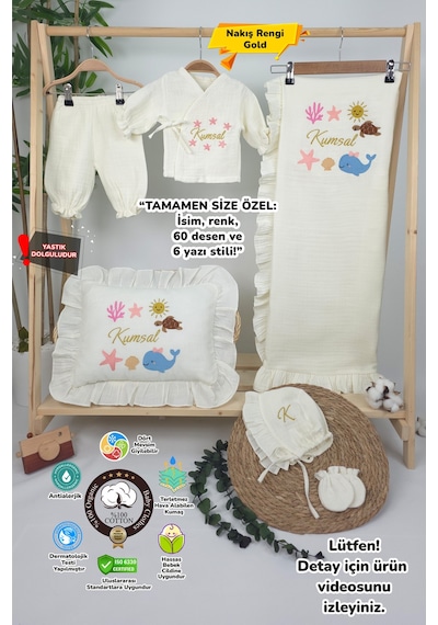 Gros Shop Müslin Yeni Doğan 4katlı Organik %100pamuk Kişiye Özgü Nakışlı Hastane Çıkış Seti Okyanus Model-2 Ekru
