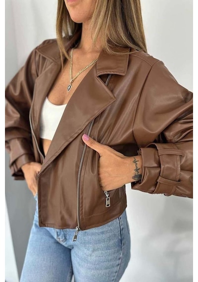 Laleli Butik Kadın Siyah Oversize Deri Ceket Taba Taba