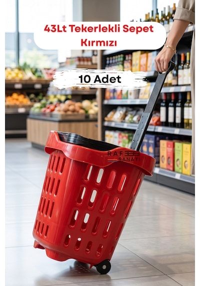 10 Adet - 43 Lt Tekerlekli Market Sepeti Plastik Alışveriş Sepeti Ergonomik Çift Saplı Kırmızı