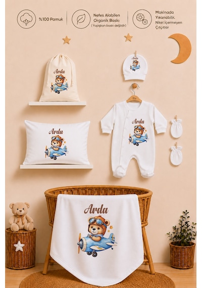 Pia Baby Erkek Bebek Hastane Çıkışı 6 Parça %100 Pamuk İsme Özel Kese Hediyeli Tulum Şapka Eldiven Seti 1013tybkyx Krem
