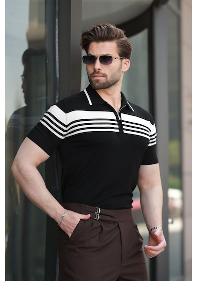 Madmext Siyah Fermuarlı Polo Yaka Erkek Triko T-shirt E7407 Siyah
