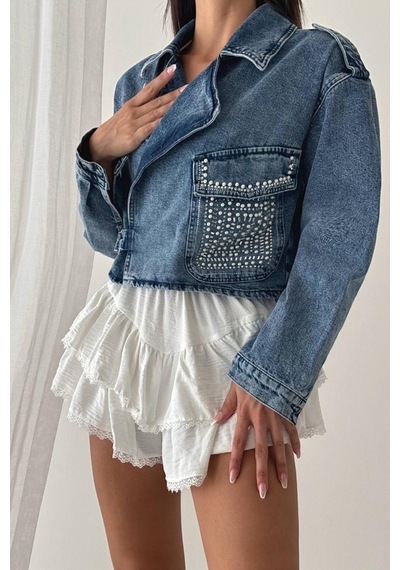 Lacarino 7660 Taşlı Kadın Jean Ceket Dark Blue Taşlı