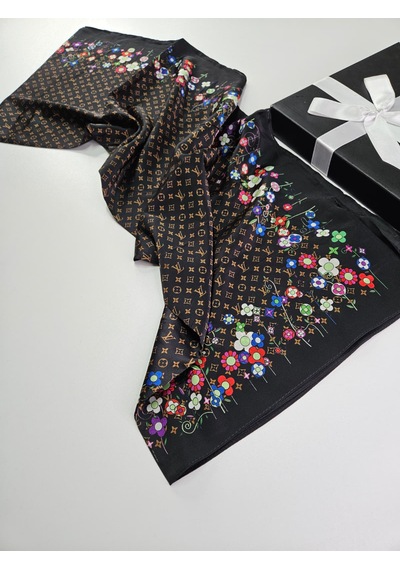Miorel Scarfs Lv Desen Çiçekli İthal Vual İpek Şal Aksesuar Fular Silk Scarfs Shawl Hijab Kahverengi