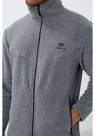 Tommy Life Gri Melanj Dik Yaka Basic Fermuar Cepli Standart Kalıp Erkek Polar Eşofman Takımı - 85193 GRİ MELANJ