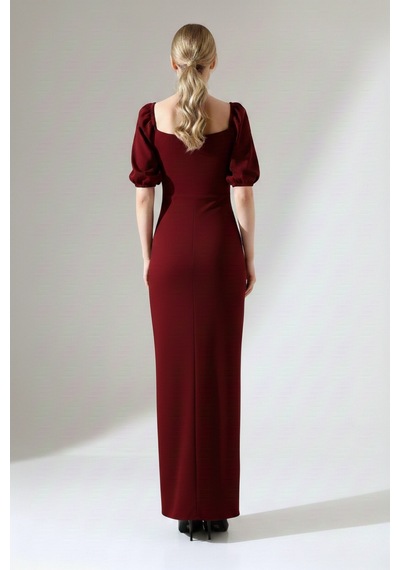 Defymoda Kadın Yırtmaçlı Şık Tasarım Krep Elbise Bordo