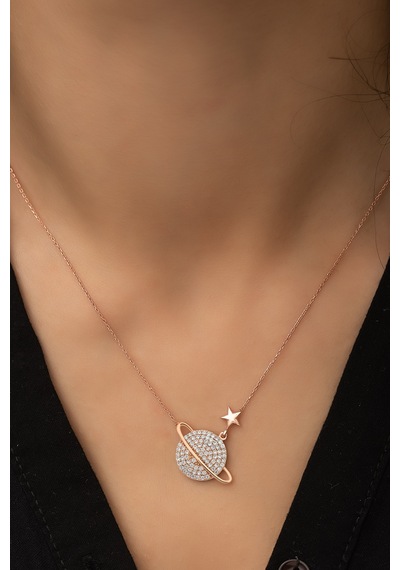 Papatya Silver Nano Zirkon Taşlı Gezegen Kolye Rose Altın Kaplama 925 Ayar Gümüş Kadın Kolye - UVPS100216