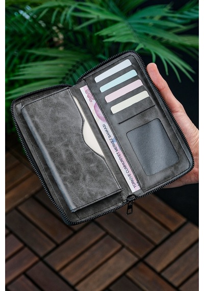 Vanilla Collection Telefon Bölmeli Unisex Deri Portföy Kartlık Uzun Cüzdan Xclub Crazy Gri
