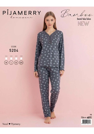 Pijamerry Kadın Bambu Baharlık Dantel Yaka Uzun Kol İnce Pijama Takımı 5204f - 1 Adet Füme