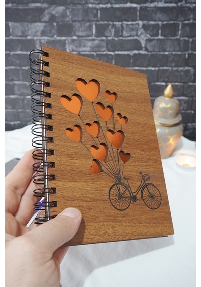 Balonlu Bisiklet Ahşap Defter - Ajanda - Spiralli - Çizgisiz Defter Ahşap Rengi Ceviz A5 Notebook Turuncu