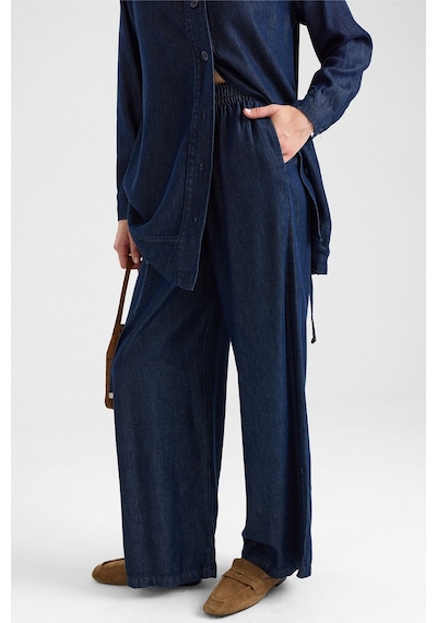 Olcay Büzgü Detaylı Soft Denim Ceket Pantolon İkili Takım Lacivert 9472-tk